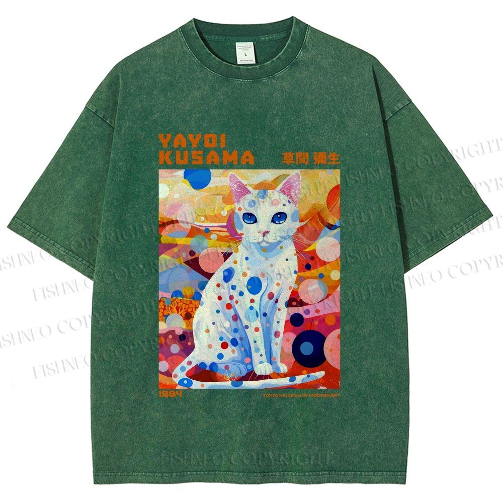 Unisex Yayoi Kusama Cat With Dots Printed Washed Tee