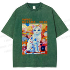 Unisex Yayoi Kusama Cat With Dots Printed Washed Tee