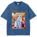 Unisex Yayoi Kusama Cat With Dots Printed Washed Tee