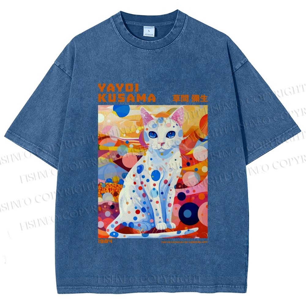 Unisex Yayoi Kusama Cat With Dots Printed Washed Tee