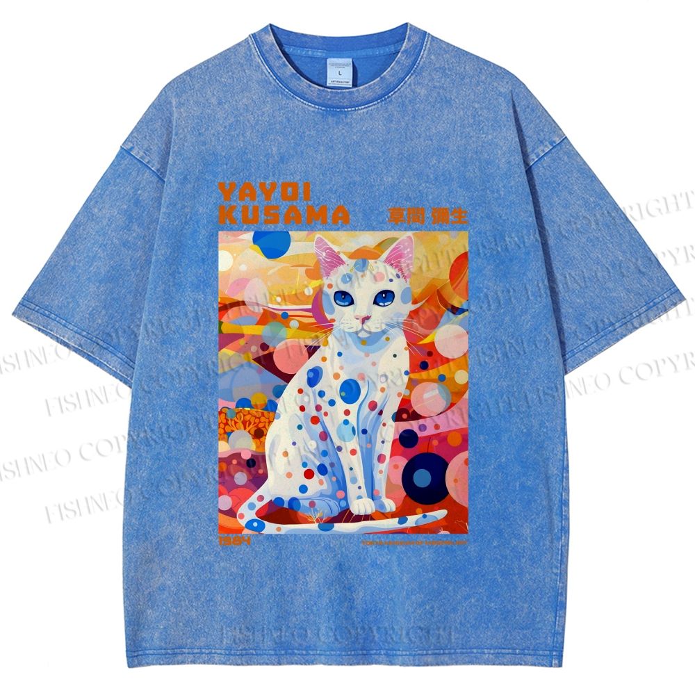 Unisex Yayoi Kusama Cat With Dots Printed Washed Tee