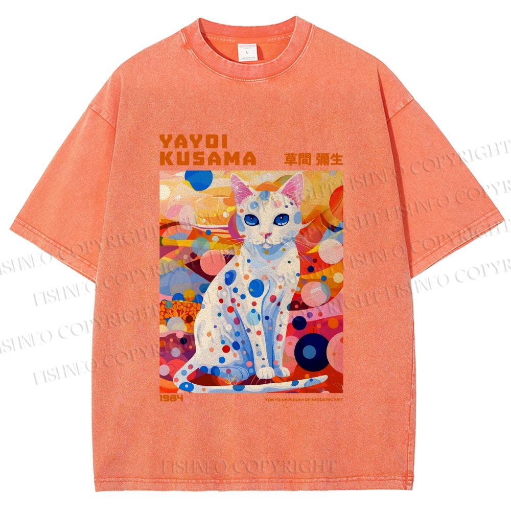 Unisex Yayoi Kusama Cat With Dots Printed Washed Tee