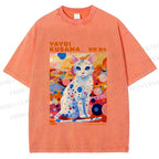 Unisex Yayoi Kusama Cat With Dots Printed Washed Tee