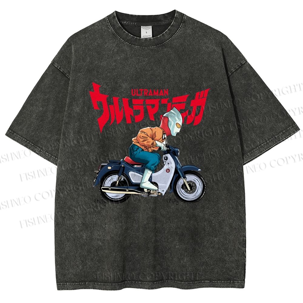 Unisex Ultraman And Motorcycles Printed Washed Tee