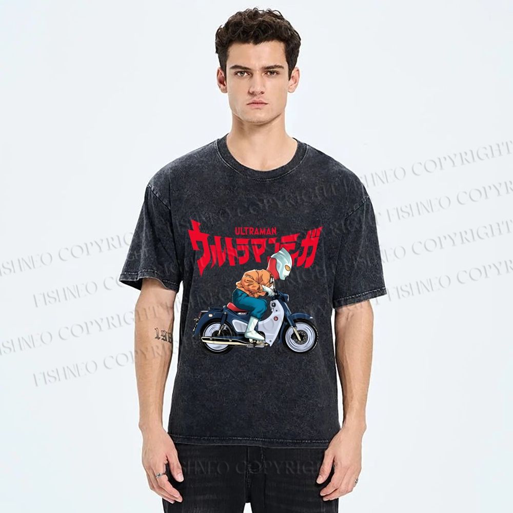 Unisex Ultraman And Motorcycles Printed Washed Tee
