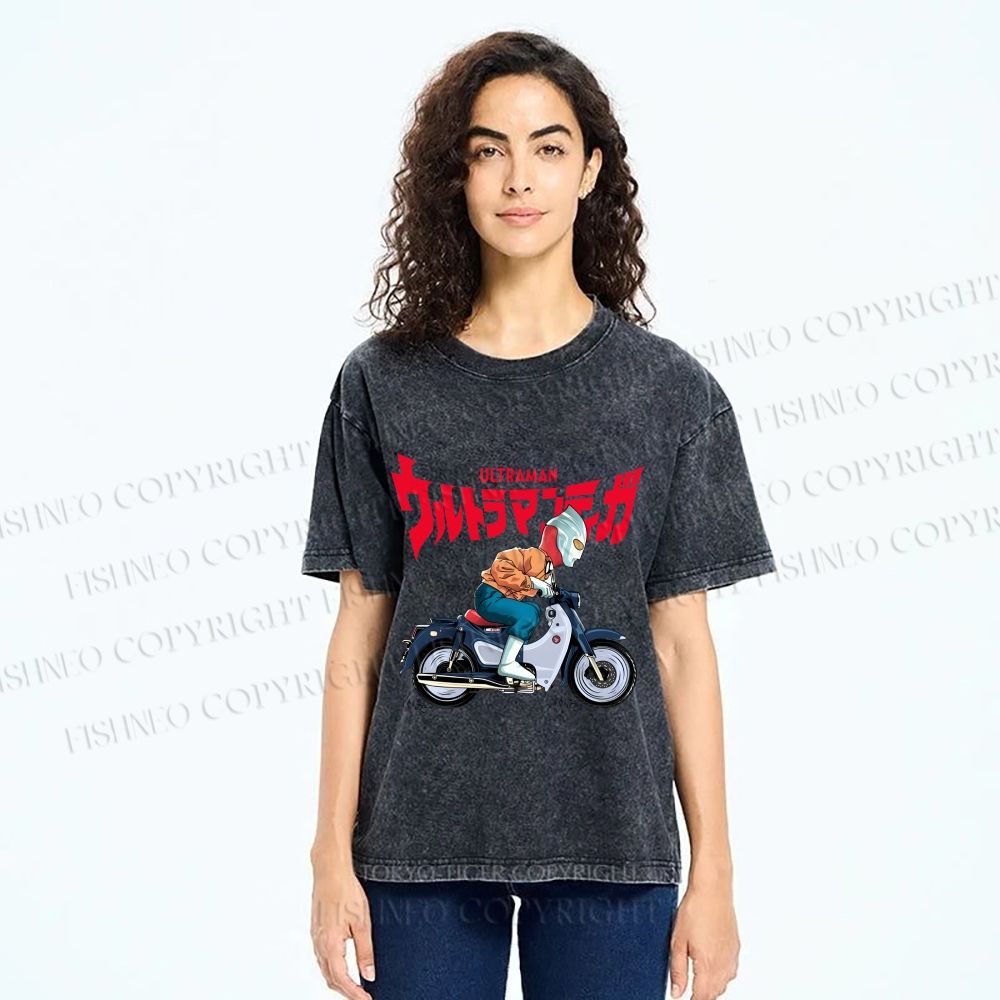 Unisex Ultraman And Motorcycles Printed Washed Tee