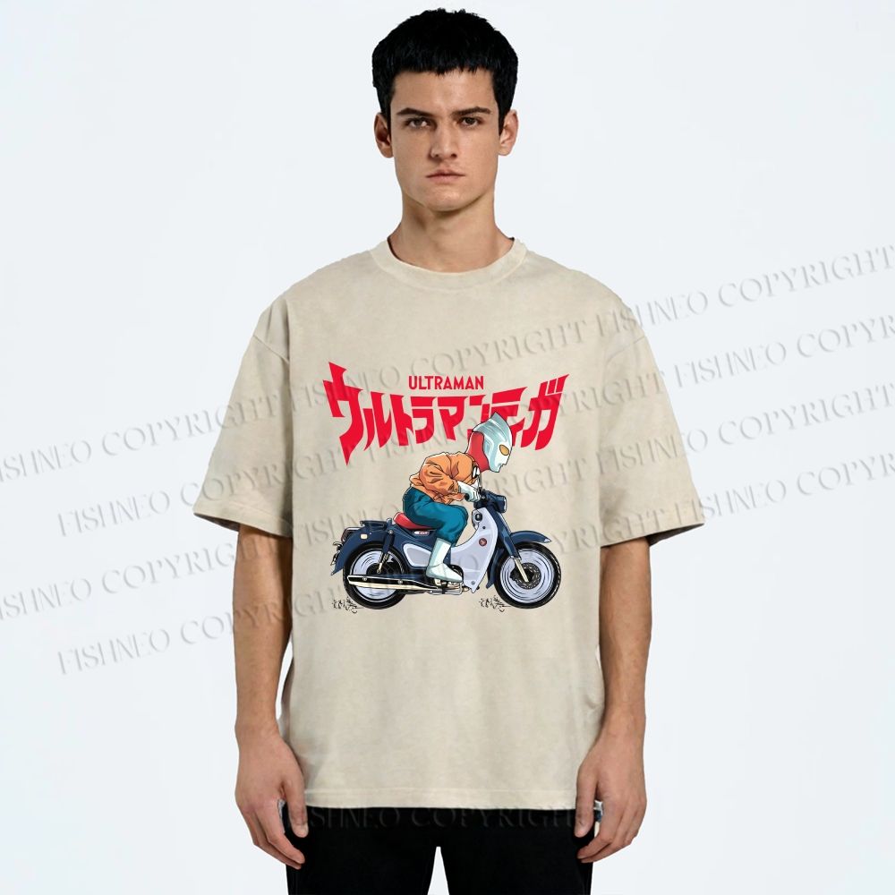 Unisex Ultraman And Motorcycles Printed Washed Tee