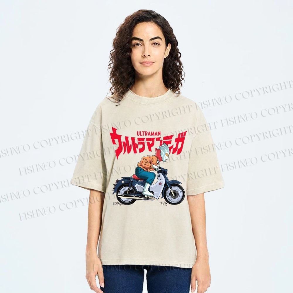 Unisex Ultraman And Motorcycles Printed Washed Tee