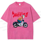Unisex Ultraman And Motorcycles Printed Washed Tee