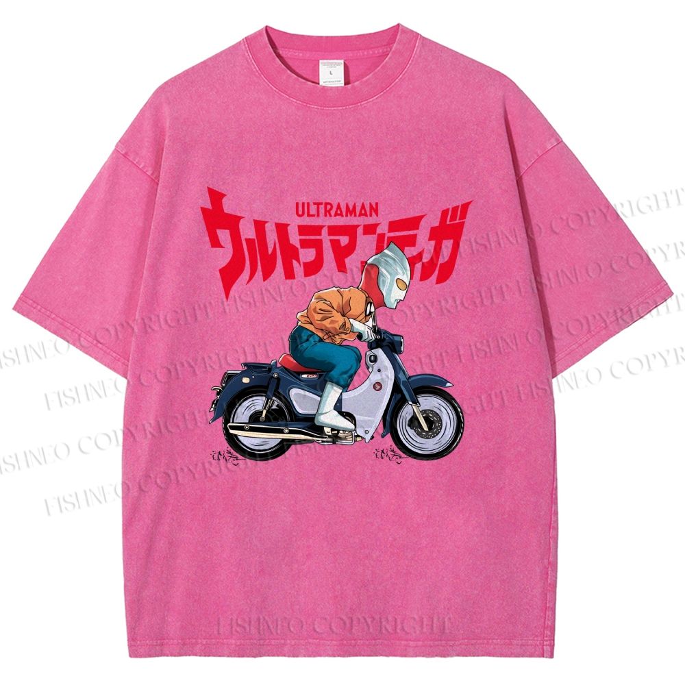 Unisex Ultraman And Motorcycles Printed Washed Tee