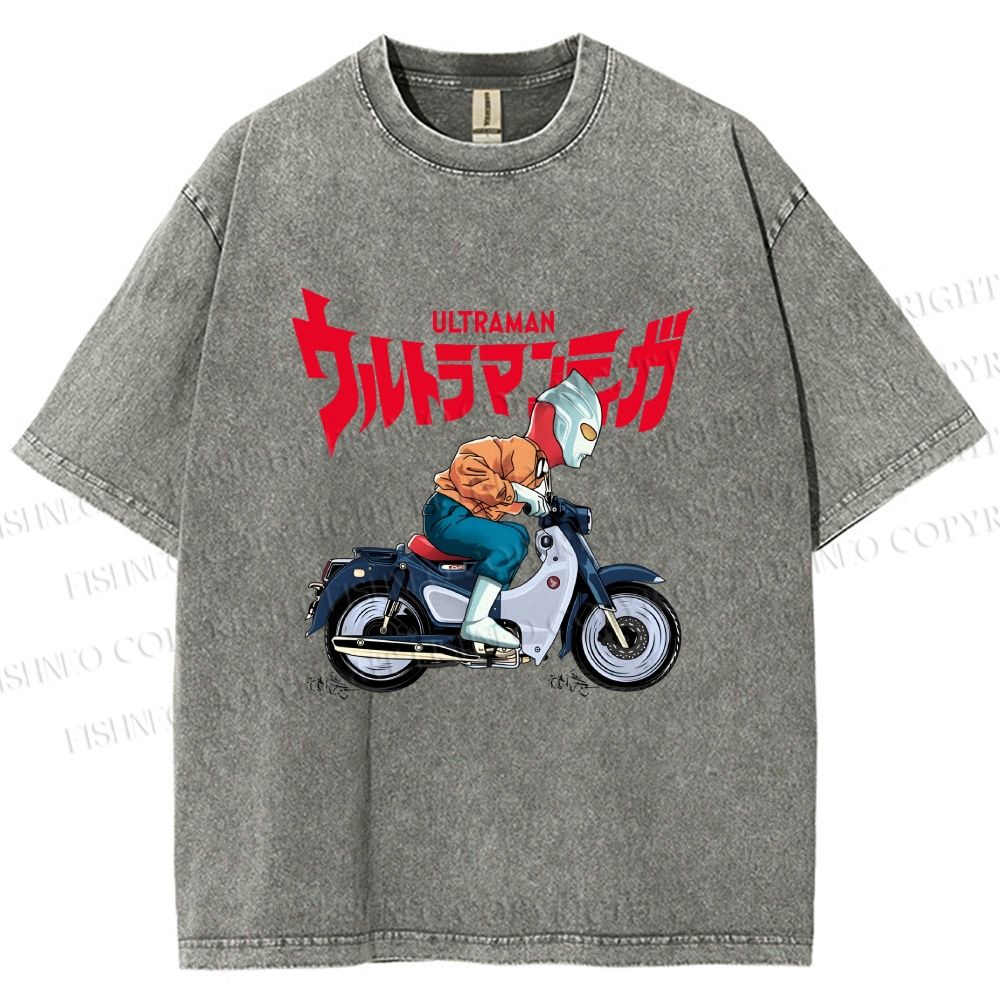 Unisex Ultraman And Motorcycles Printed Washed Tee