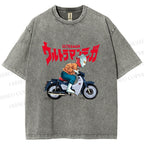 Unisex Ultraman And Motorcycles Printed Washed Tee