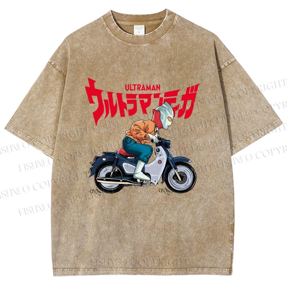 Unisex Ultraman And Motorcycles Printed Washed Tee