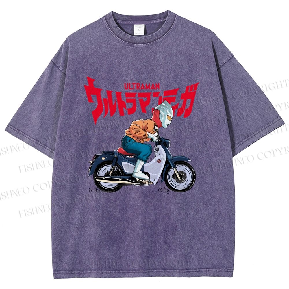 Unisex Ultraman And Motorcycles Printed Washed Tee
