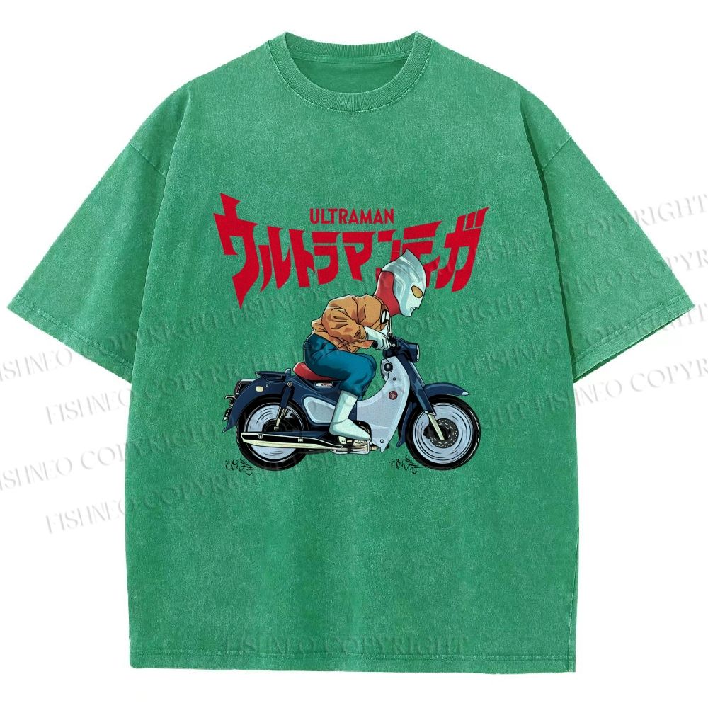 Unisex Ultraman And Motorcycles Printed Washed Tee