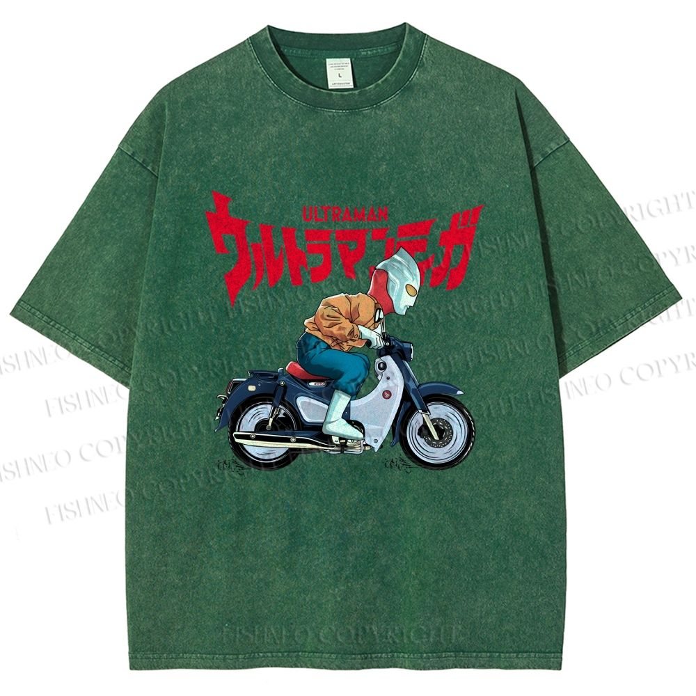 Unisex Ultraman And Motorcycles Printed Washed Tee