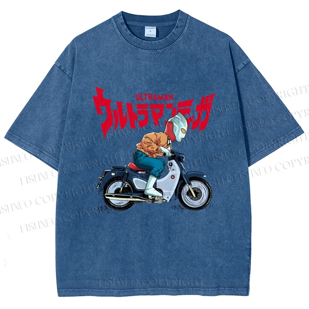 Unisex Ultraman And Motorcycles Printed Washed Tee