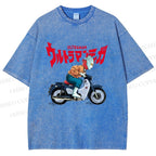 Unisex Ultraman And Motorcycles Printed Washed Tee