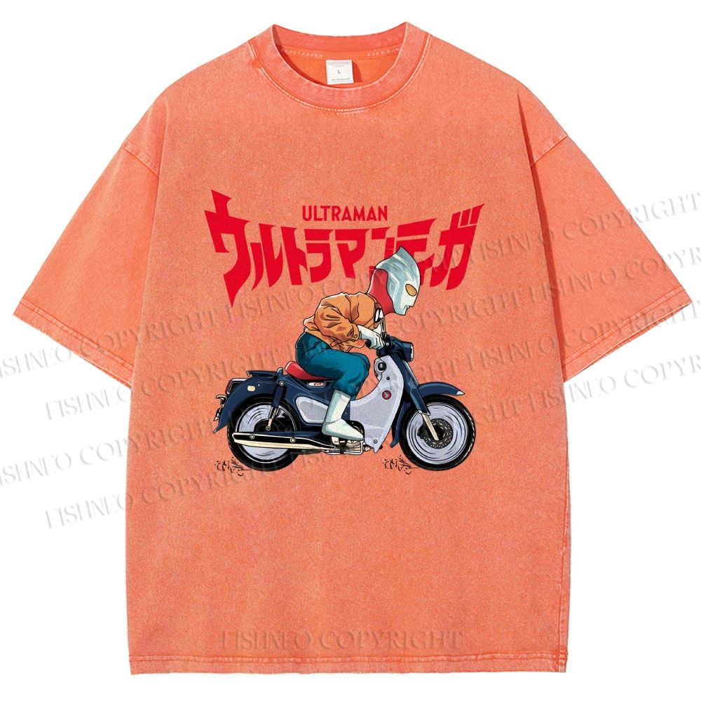 Unisex Ultraman And Motorcycles Printed Washed Tee