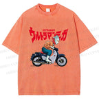 Unisex Ultraman And Motorcycles Printed Washed Tee
