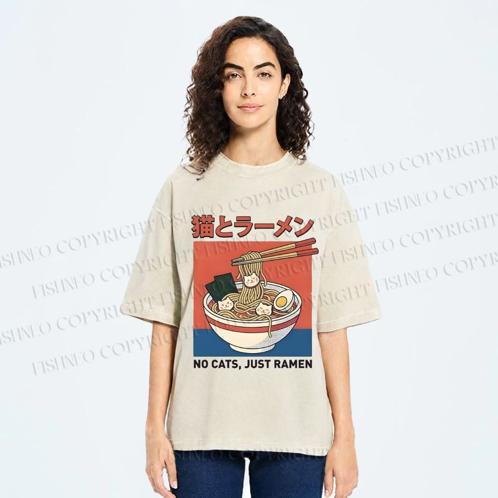 Unisex Cat Ramen Printed Washed Tee