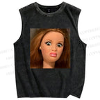 Unisex Funny Doll Face Printed Washed Tank Top