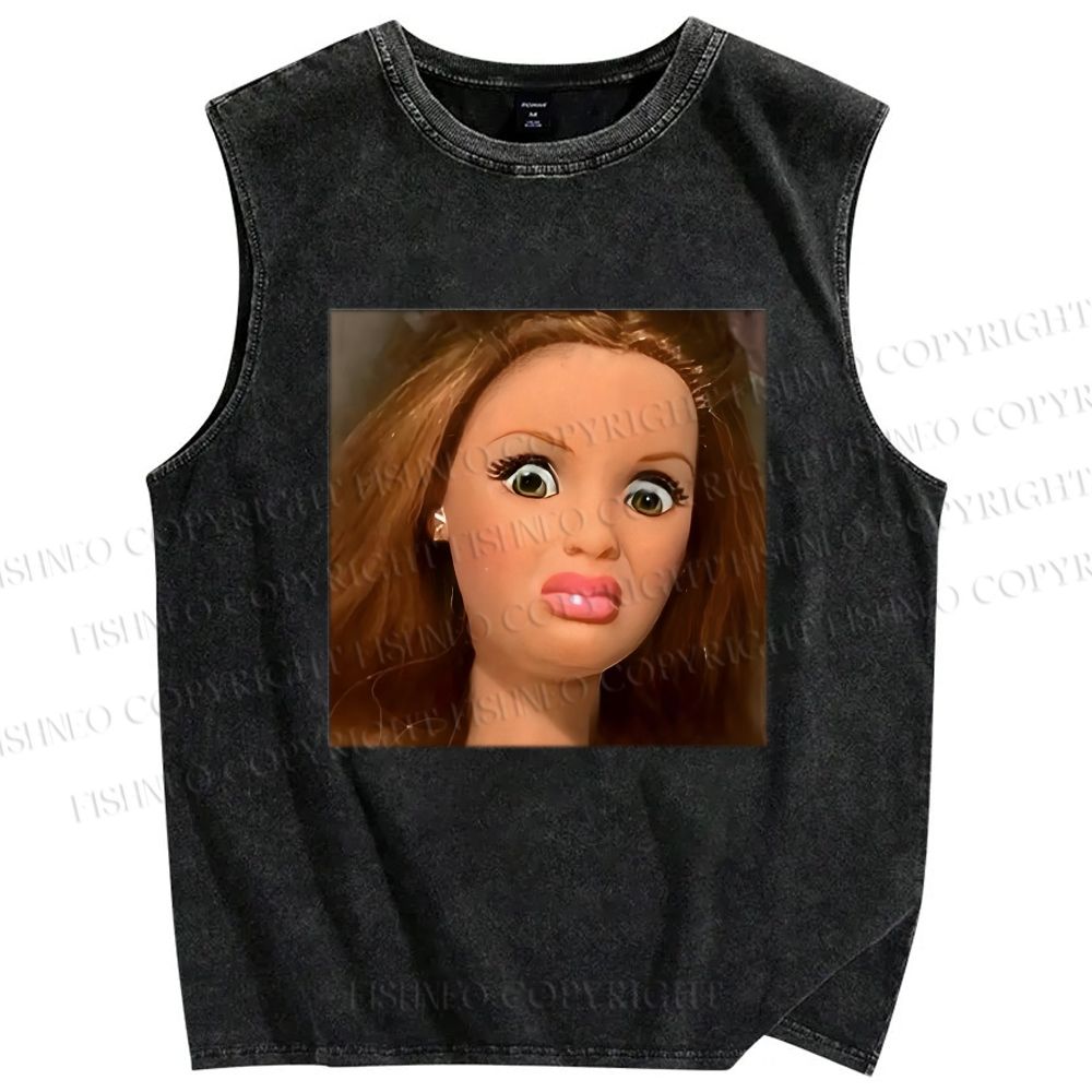 Unisex Funny Doll Face Printed Washed Tank Top
