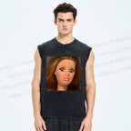 Unisex Funny Doll Face Printed Washed Tank Top