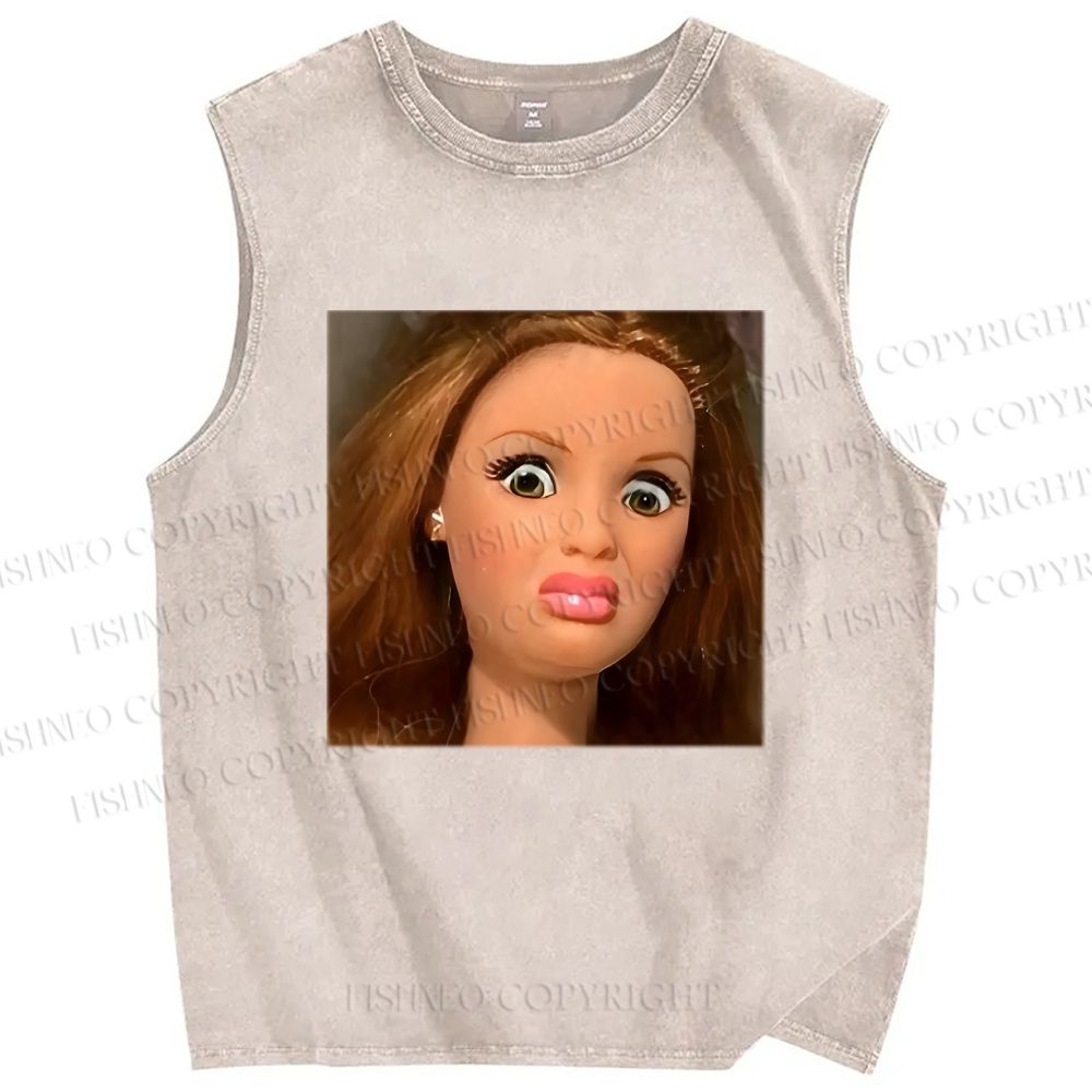 Unisex Funny Doll Face Printed Washed Tank Top