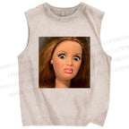 Unisex Funny Doll Face Printed Washed Tank Top