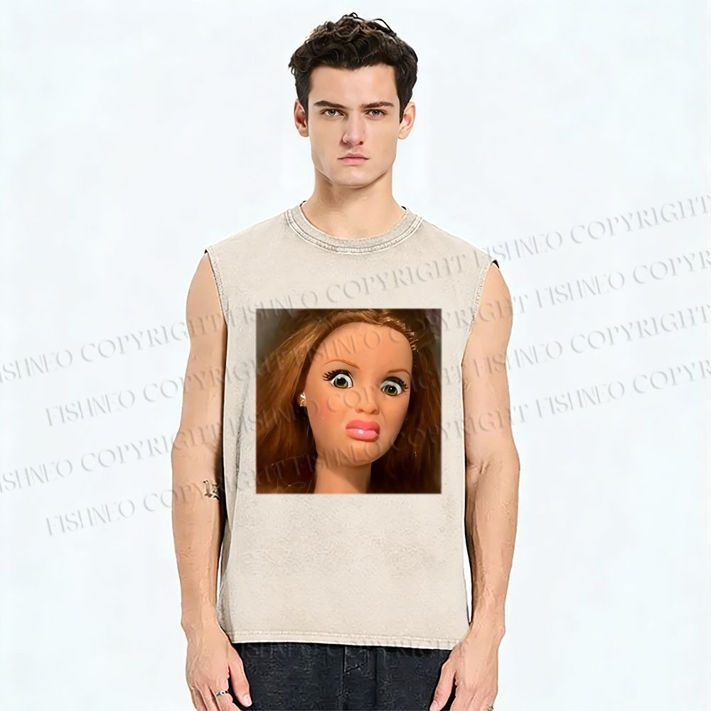 Unisex Funny Doll Face Printed Washed Tank Top