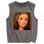 Unisex Funny Doll Face Printed Washed Tank Top