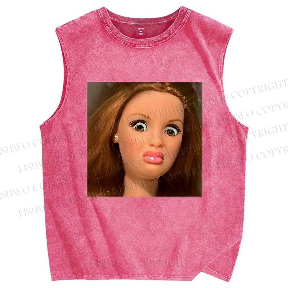 Unisex Funny Doll Face Printed Washed Tank Top