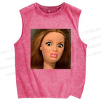 Unisex Funny Doll Face Printed Washed Tank Top