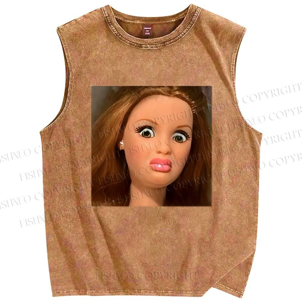 Unisex Funny Doll Face Printed Washed Tank Top
