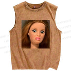 Unisex Funny Doll Face Printed Washed Tank Top