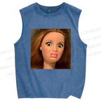 Unisex Funny Doll Face Printed Washed Tank Top