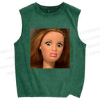 Unisex Funny Doll Face Printed Washed Tank Top