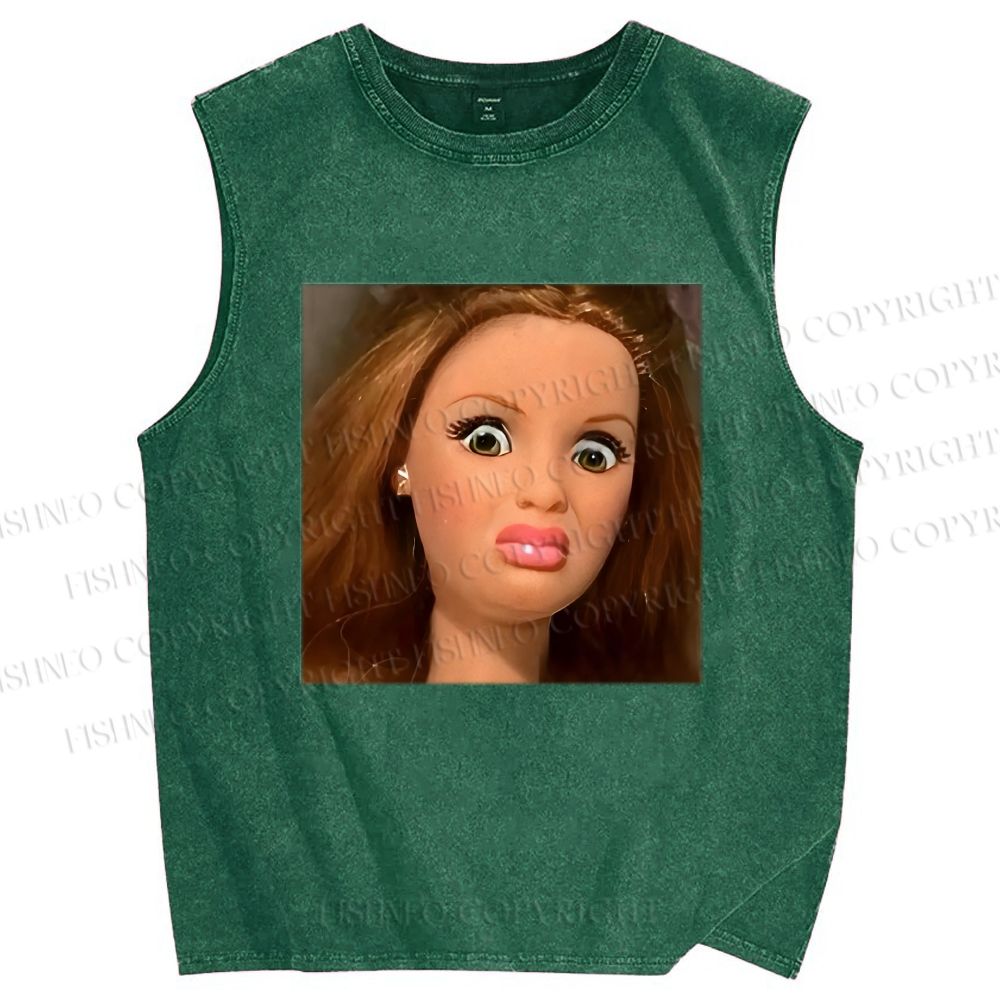 Unisex Funny Doll Face Printed Washed Tank Top