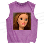Unisex Funny Doll Face Printed Washed Tank Top