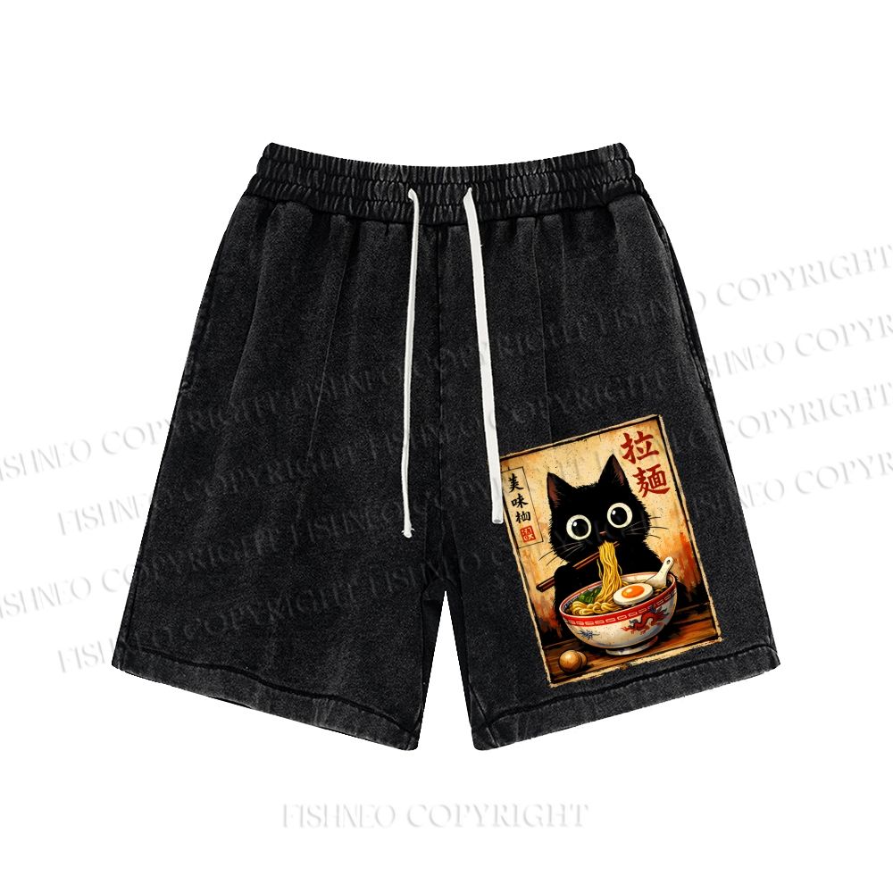 Unisex Kawaii Ramen Cat Retro Japanese Washed Shorts