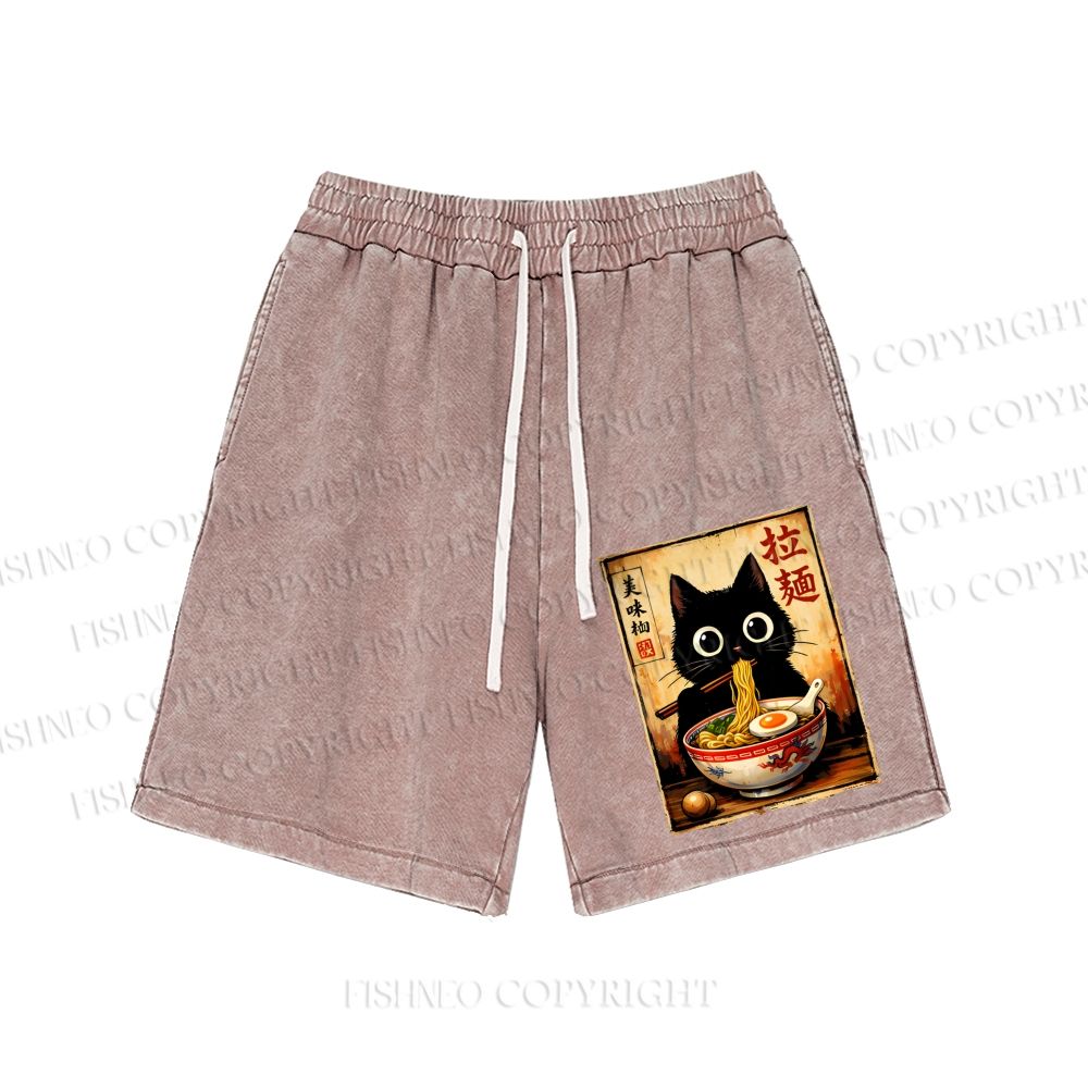 Unisex Kawaii Ramen Cat Retro Japanese Washed Shorts