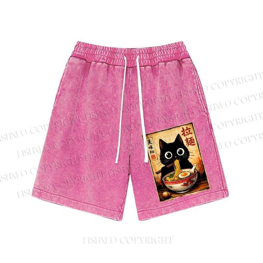 Unisex Kawaii Ramen Cat Retro Japanese Washed Shorts