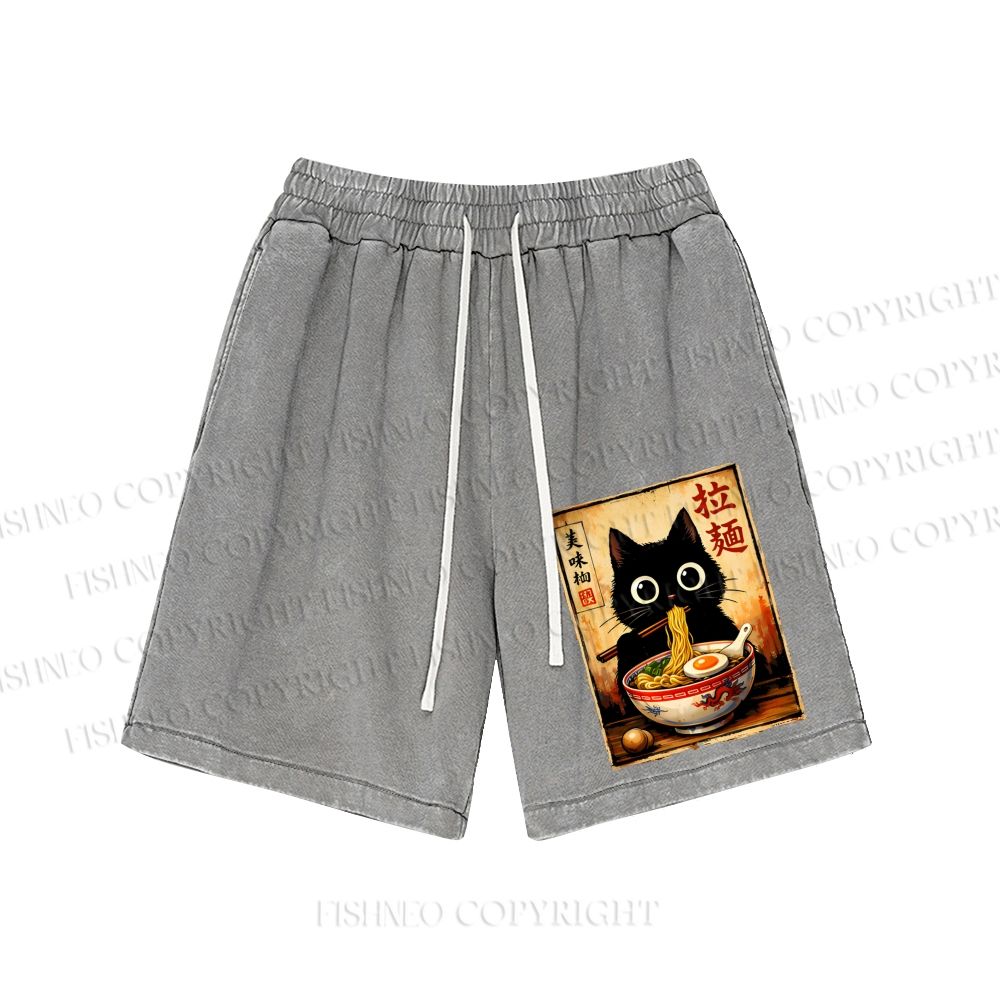 Unisex Kawaii Ramen Cat Retro Japanese Washed Shorts
