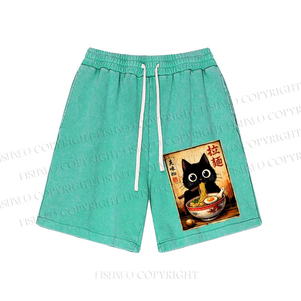Unisex Kawaii Ramen Cat Retro Japanese Washed Shorts