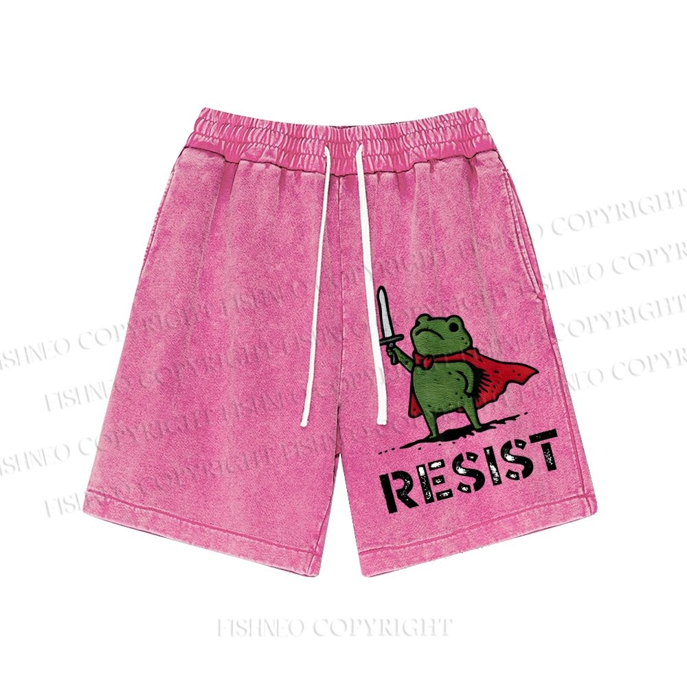 Unisex Resist Frog Printed Washed Shorts