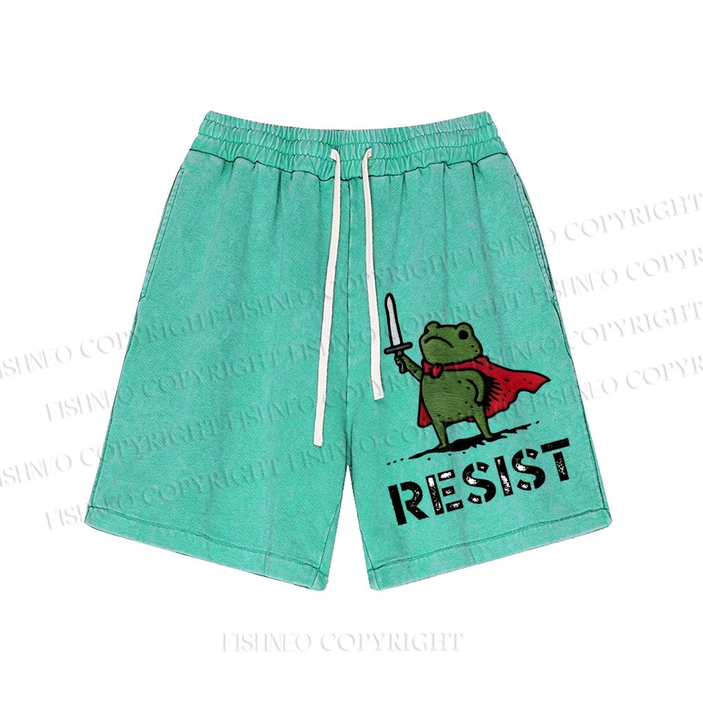 Unisex Resist Frog Printed Washed Shorts