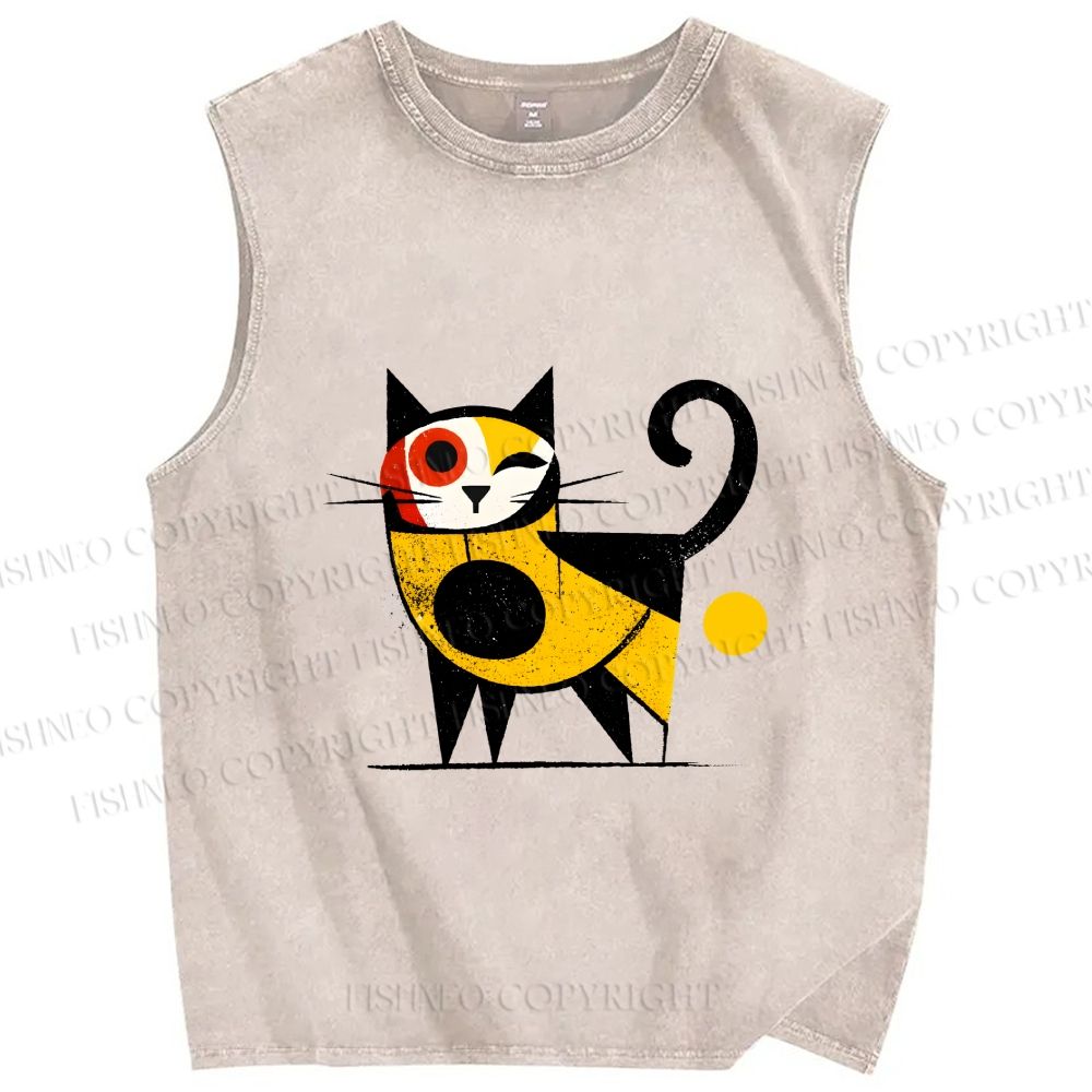 Unisex Geometric Cat Printed Washed Tank Top