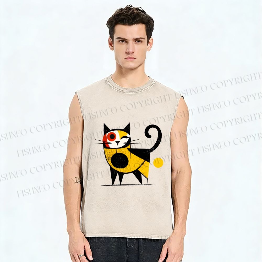 Unisex Geometric Cat Printed Washed Tank Top