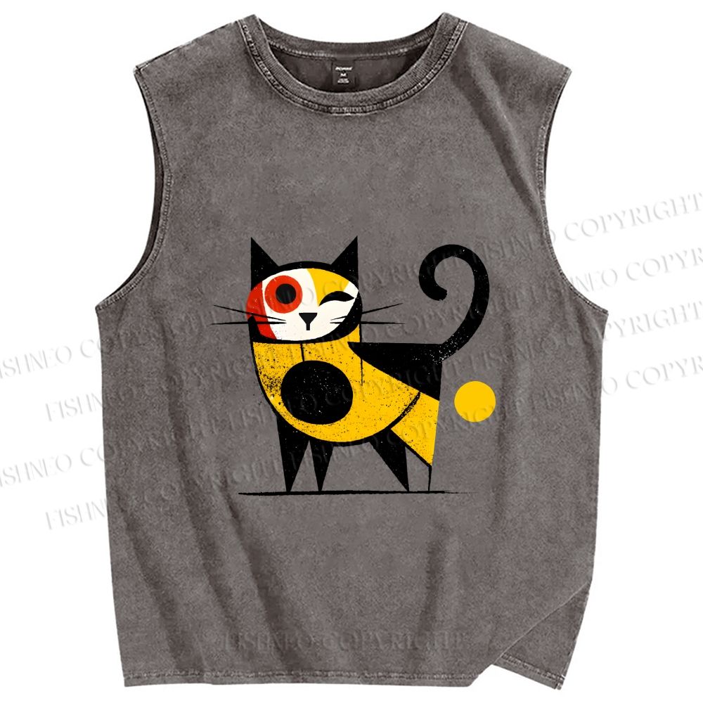 Unisex Geometric Cat Printed Washed Tank Top